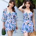 Set Of 3: Floral Cover-up + Swimsuit + Swim Skirt