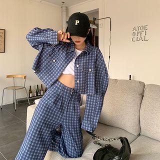 Plaid Cropped Shirt Jacket / High Waist Wide Leg Pants