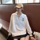 Bear Embroidered Zip Placket Sweatshirt White - One Size