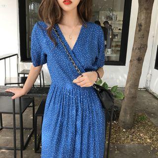 Dot V-neck Short-sleeve Dress Blue - One Size