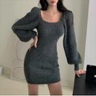 Long-sleeve Knit Mini Bodycon Dress Gray - One Size