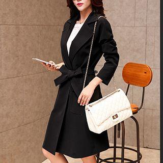 Notched-lapel Belted Snap-button Coat