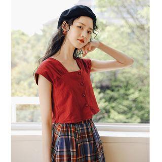Cap-sleeve Button-up T-shirt / Plaid Midi A-line Skirt