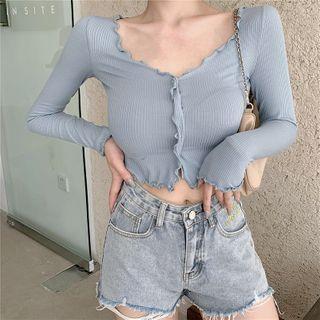 Plain V-neck Ruffled Crop Cardigan