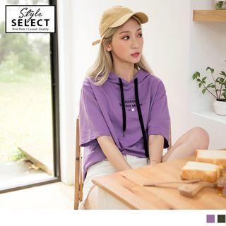 Hooded Letter Embroidered Short-sleeve Top