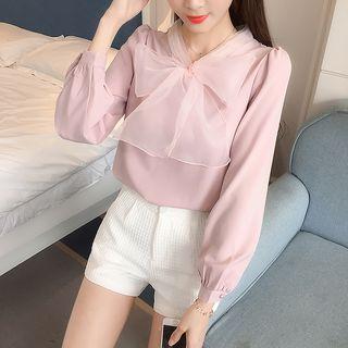 Mesh Ribbon Lantern-sleeve Chiffon Blouse