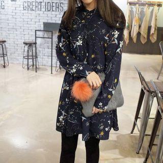 Floral Printed Long-sleeve A-line Dress One Size