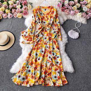 V-neck Floral Print Chiffon Maxi Dress