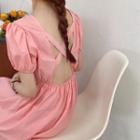 Open-back Short-sleeve Maxi A-line Dress Pink - One Size