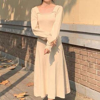 Square-neck Knit Midi A-line Dress