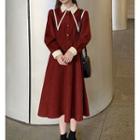 Long-sleeve Collar Color-block Midi Dress