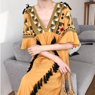 Tassel Detail Elbow-sleeve Maxi Dress