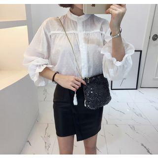 Mandarin-collar Tasseled Sheer Blouse