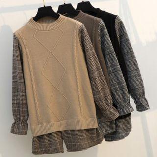 Plaid Panel Cable Knit Sweater
