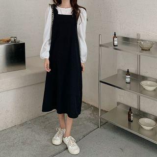 Set: Long-sleeve Blouse + Ruffled A-line Midi Pinafore Dress