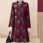Flower Print Mandarin Collar Long-sleeve Mini A-line Dress