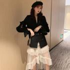Buttoned Blazer / Midi Mesh Layered Skirt