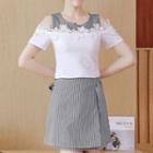 Set: Crochet Trim Cut Out Shoulder Short Sleeve T-shirt + Striped A-line Skirt