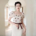 Puff-sleeve Rhinestone Ruffle Hem Midi Sheath Dress