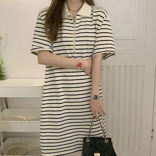 Short-sleeve Collar Striped Knit Dress