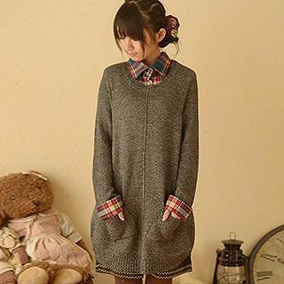 Plaid Panel Long-sleeve Dress