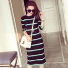 Elbow-sleeve Striped Knitted Dress