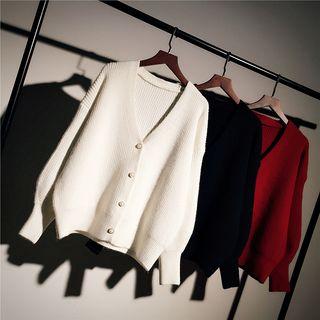 Faux-pearl Button Ribbed Knit Cardigan
