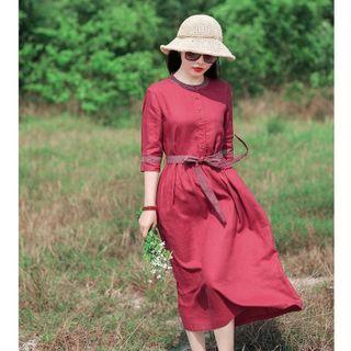 3/4-sleeve Button-up Sashed Midi A-line Dress