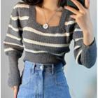 Long-sleeve Square-neck Striped Cropped Knit Top