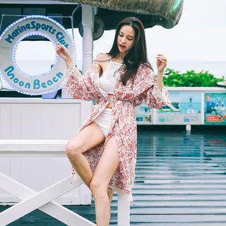 Fringed Floral Linen Blend Robe Cardigan
