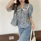 Short-sleeve Floral Blouse Blue & Yellow - One Size