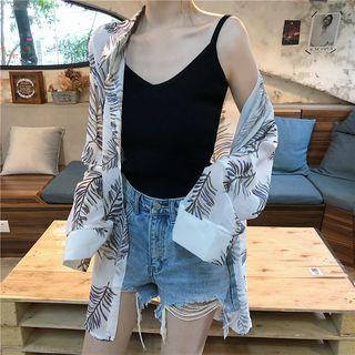 Leaf Print Oversize Sheer Shirt