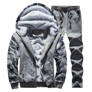 Set: Fleece-lined Camouflage Hooded Zip Jacket + Sweatpants