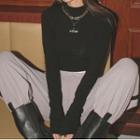 Mock-neck Long-sleeve Letter Embroidered Cropped T-shirt