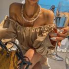Off-shoulder Balloon-sleeve Frilled-trim Blouse