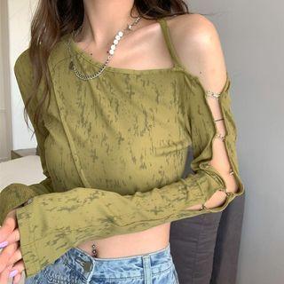 Long-sleeve Cold Shoulder Crop Top Green - One Size