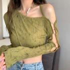 Long-sleeve Cold Shoulder Crop Top Green - One Size
