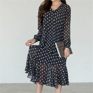 Ruffled Patterned Chiffon Dress With Sash