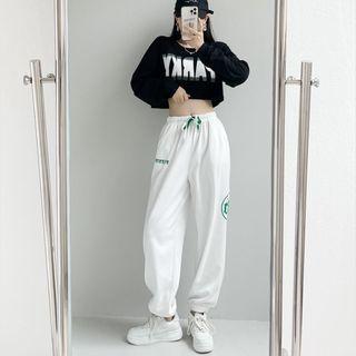 Long-sleeve Lettering Cropped T-shirt / Harem Pants