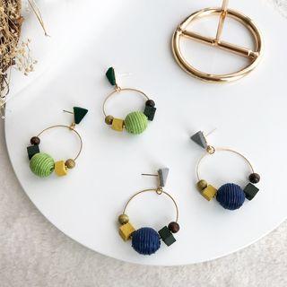 Geometric Wooden Bead & Fabric Ball Hoop Earring