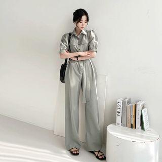 Puff-sleeve Button-front Jumpsuit With Sash