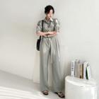 Puff-sleeve Button-front Jumpsuit With Sash
