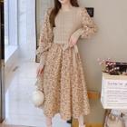 Mock Two-piece Long-sleeve Knit Panel Floral Print Midi A-line Dress