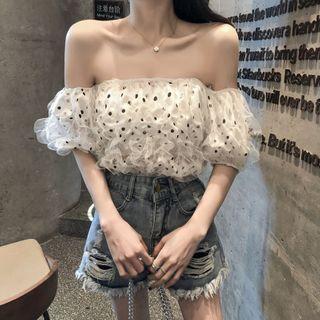 Short-sleeve Dotted Mesh Blouse / Denim Hot Pants