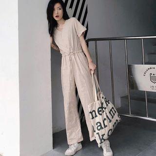 Short-sleeve Wide-leg Jumpsuit Khaki - One Size
