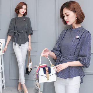 Puff Sleeve Mock Neck Pinstriped Tie-waist Blouse