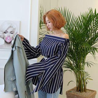 Off-shoulder Tie-cuff Stripe Top