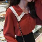 Lace Color-block Long-sleeve Loose-fit Blouse