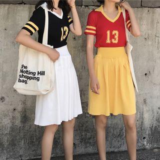 Set: Number Print Short Sleeve Knit T-shirt + Flared Skirt