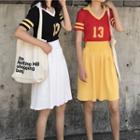 Set: Number Print Short Sleeve Knit T-shirt + Flared Skirt